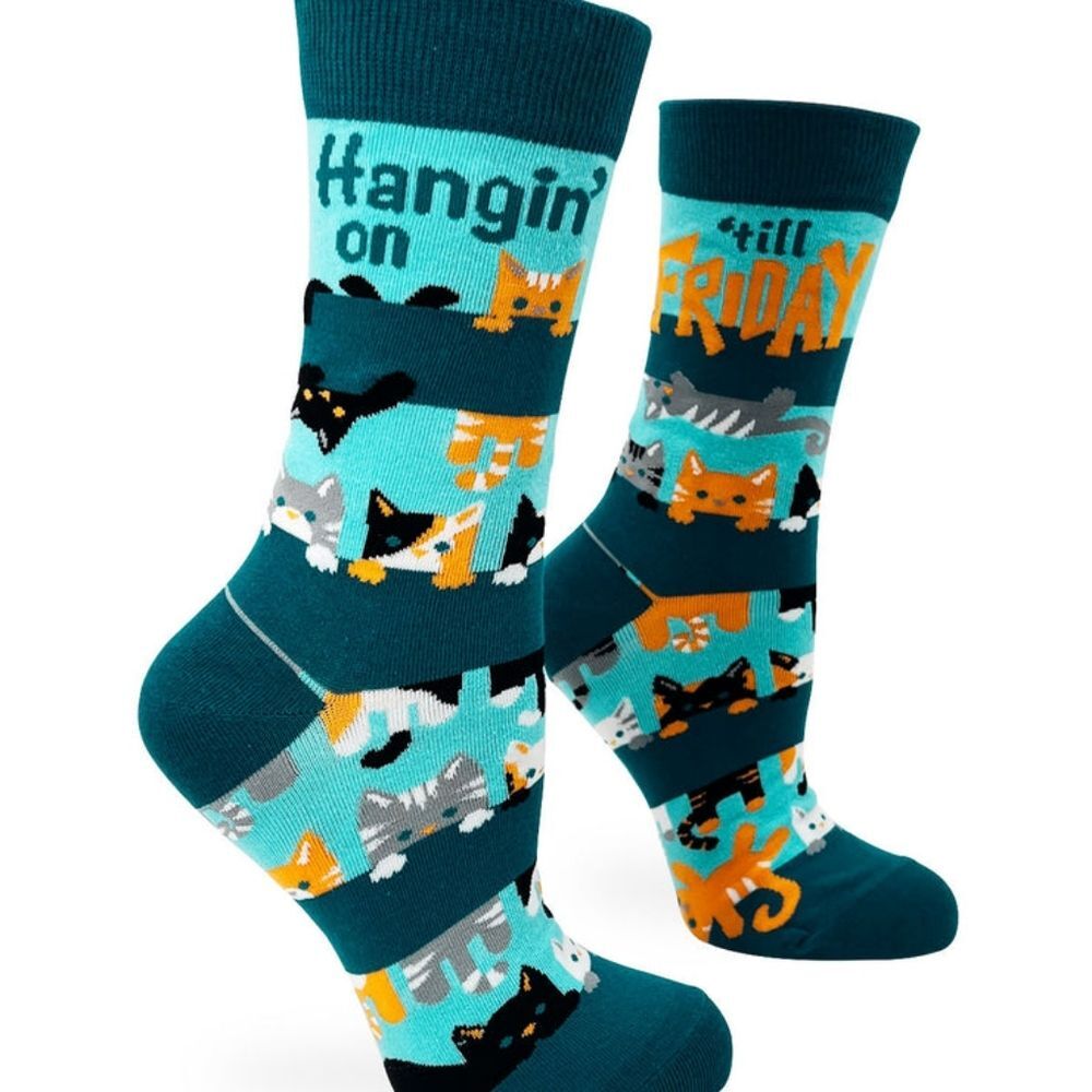 Fabdaz Ladies Funny Hangin' on 'till Friday Ladies' Crew Socks with Cute Cats.
